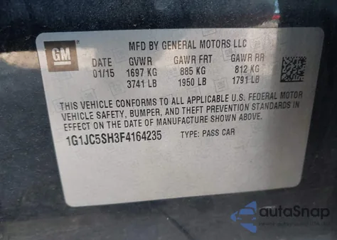 2015 Chevrolet Sonic Lt Auto из США, поврежденный, VIN 1G1JC5SH3F4164235